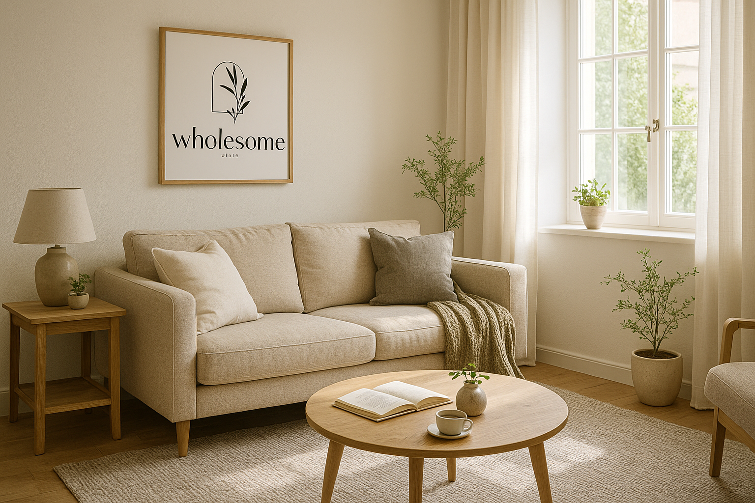 Bright, beautifully styled living area with neutral décor in khaki, cream, and beige tones. Natural light streaming through windows with lifestyle details including an open book, coffee cup, and throw blanket. Wholesome brand artwork displayed on wall with green plants adding natural elements.